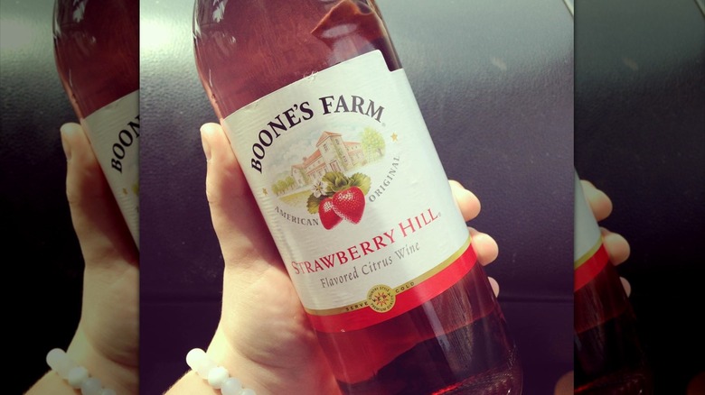 Hand holding a bottle of Boone's Farm Strawberry Hill