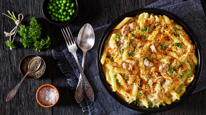 Tuna casserole in a cast iron skillet.