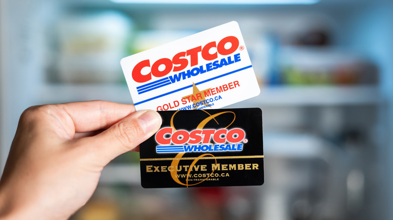 Closeup of a hand holding a Costco Gold Star Member card and a Costco Executive Member card