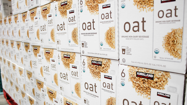 display wall of Kirkland brand oat milk boxes