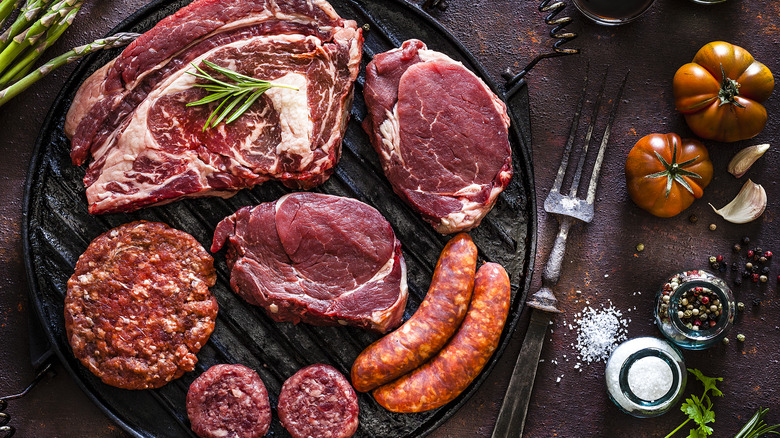 Types of red meat on cast iron tray