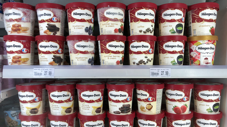 Pints of Häagen-Dazs ice cream in freezer case