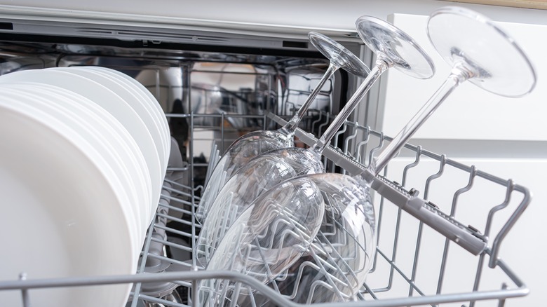 wine glasses in a dishwasher