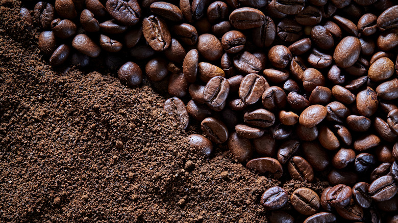 Split frame of roasted coffee beans and coffee grounds