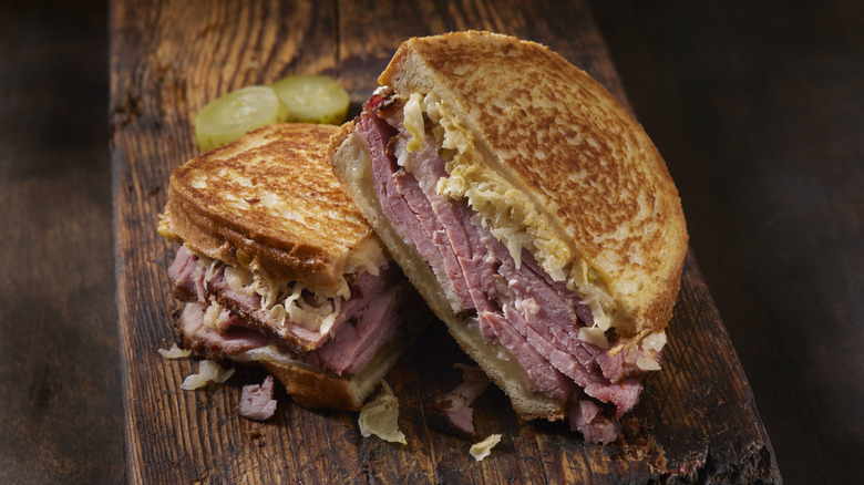 A toasted pastrami sandwich