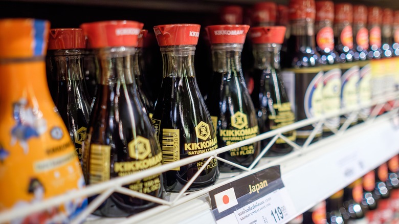 Kikkoman double-spigot soy sauce bottles in store