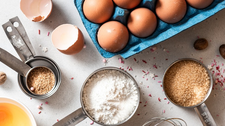 Eggs, flour, and sugar for baking