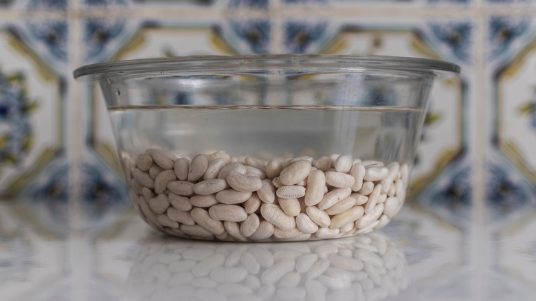 Bowl of white beans soaking in water
