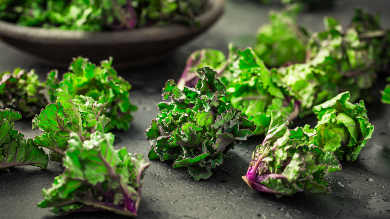 Kalette or kale sprouts sit in the foreground while a bowl of kalettes rests in the background