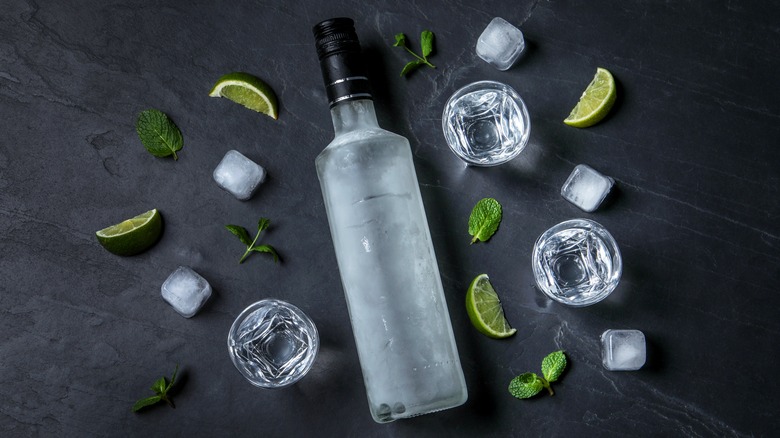 liquor bottle surrounded by limes and ice