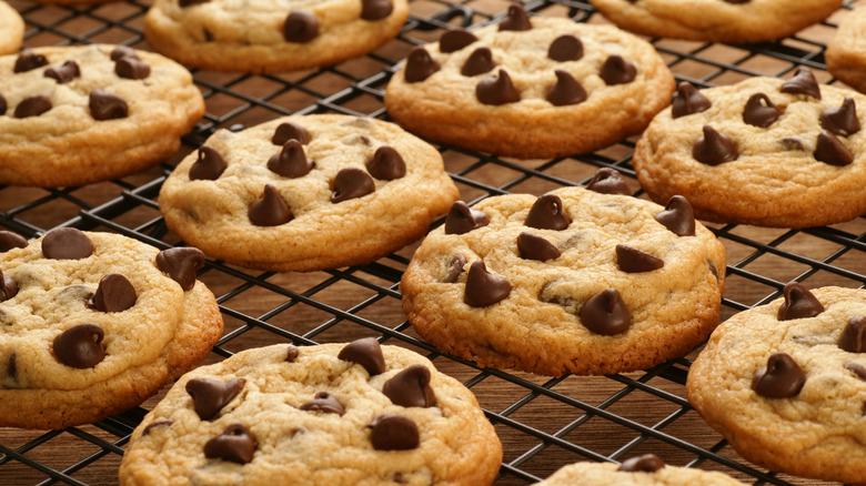 Chocolate chip cookies cooling on rack