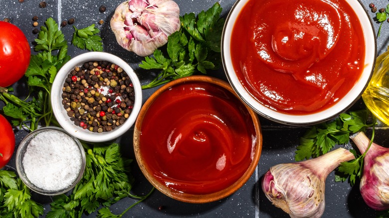 bowls of ketchup and spices