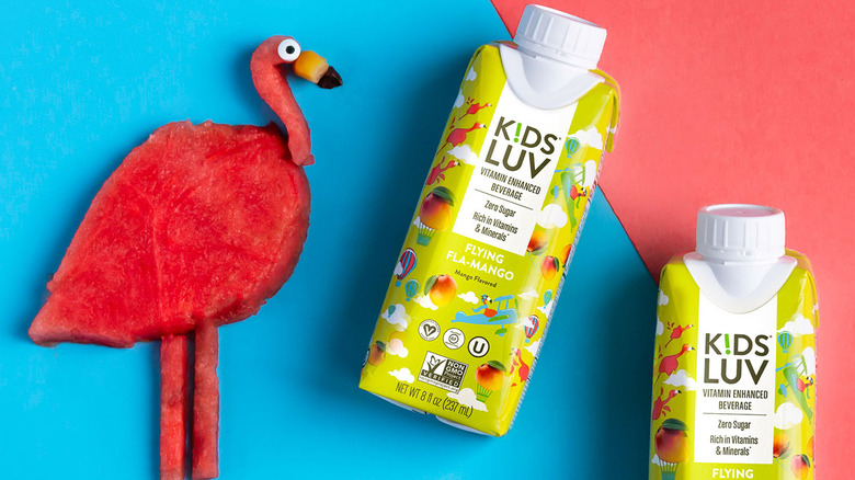 Tetra Pak container of KidsLuv vitamin beverage with flamingo made from fruit