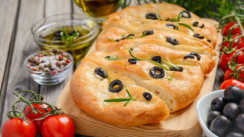 Olive rosemary focaccia with tomatoes
