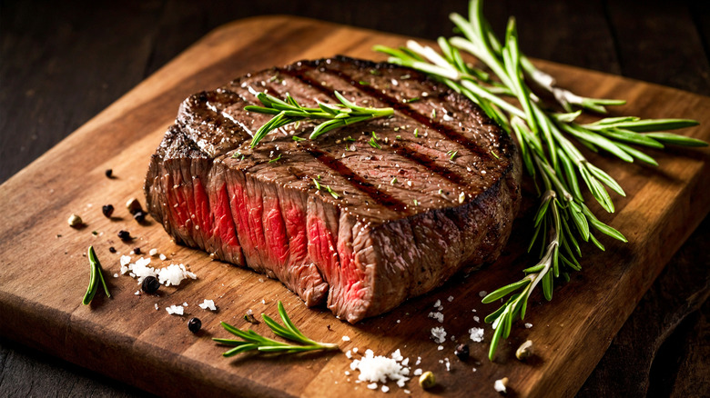 Grilled steak cut in half on a cutting board with rosemary