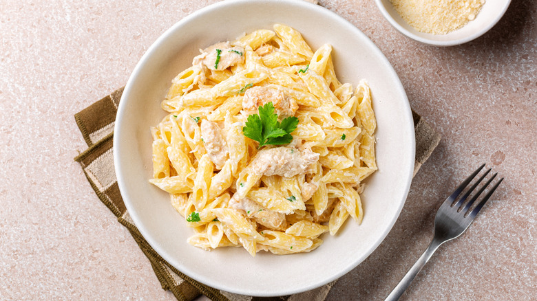 Creamy penne pasta on a white plate