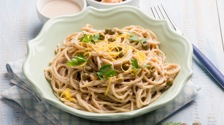 Spaghetti with capers and lemon zest