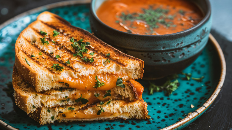 Grilled cheese on a teal ceramic plate with bowl of tomato soup on the side