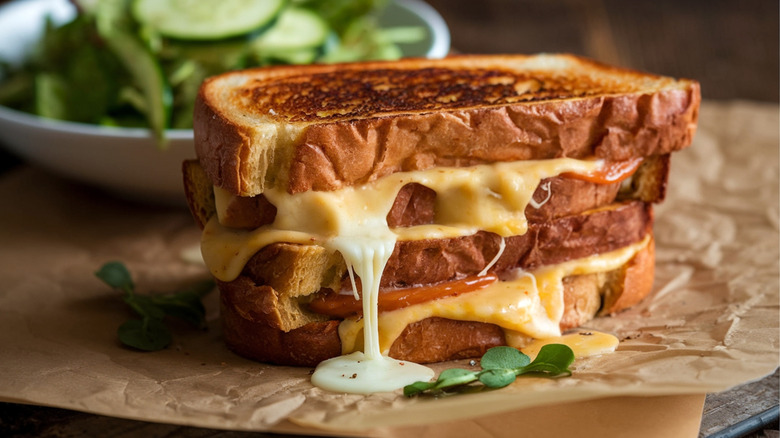 Grilled cheese sandwich with cheese oozing out and a salad in the background