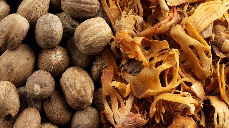 A closeup of unground nutmeg and mace