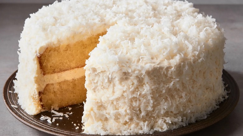 Fluffy coconut cake sitting on plate