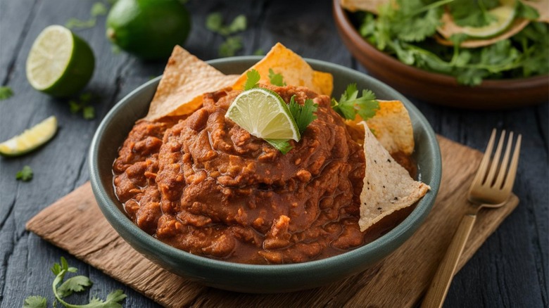 a bowl of refried beans with tortilla chips and wedge of lime