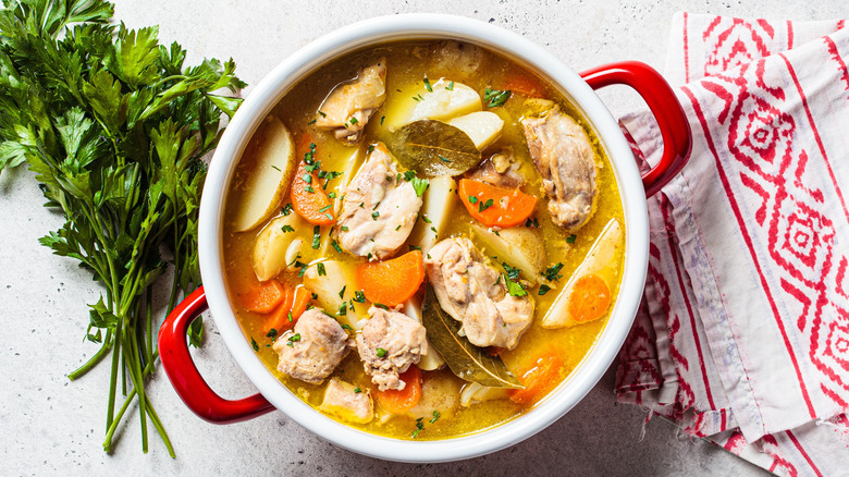 A bowl of chicken stew includes potatoes, parsley, and carrots.