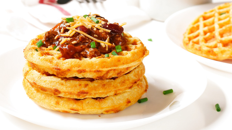 Cornbread waffles topped with chili