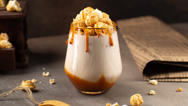 boozy milkshake with caramel corn on top