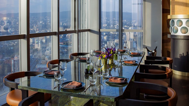 restaurant interior with city view