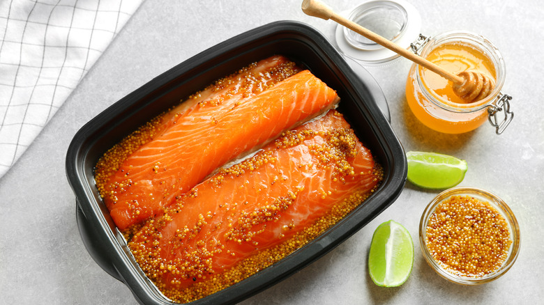 Salmon filets marinating in honey and mustard