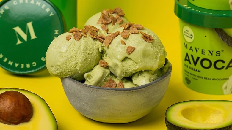 Bowl of avocado ice cream with Mavens Creamy tub