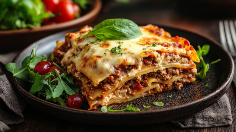 Lasagna topped with basil and a small side salad