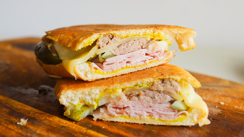 Cuban sandwich slices stacked