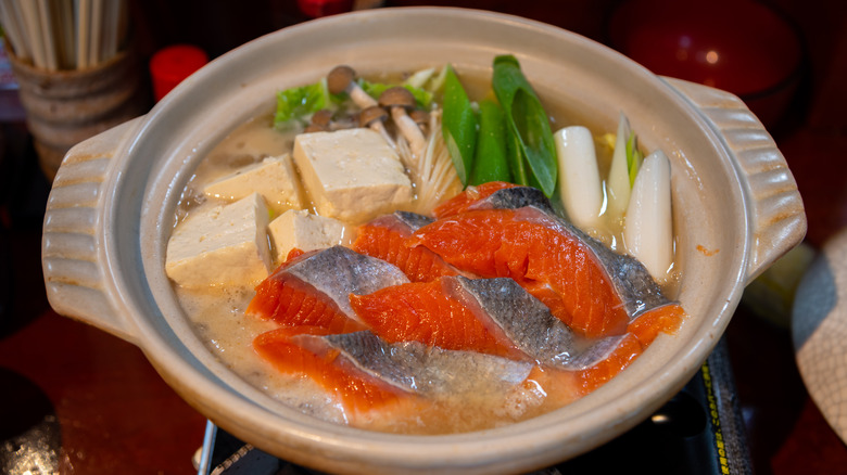Japanese style hot pot with salmon