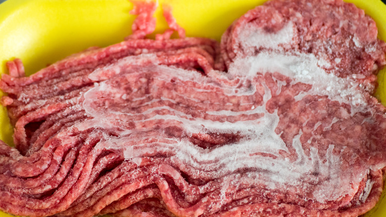 Closeup of frozen ground beef