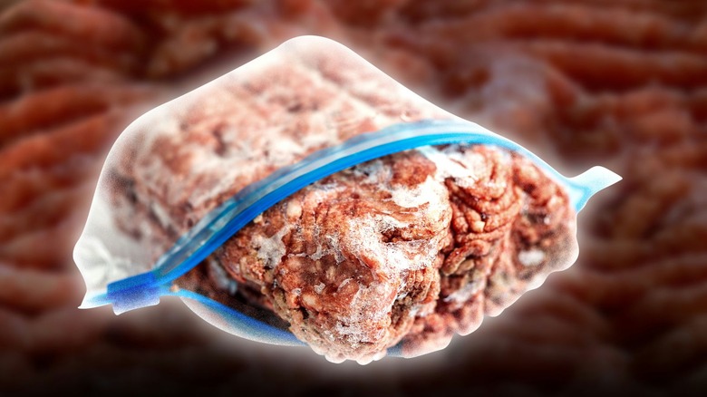 Frozen ground beef in plastic bag