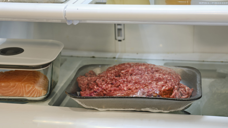 Raw ground beef in refrigerator