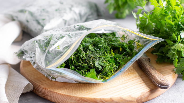 Fresh herbs in plastic bag