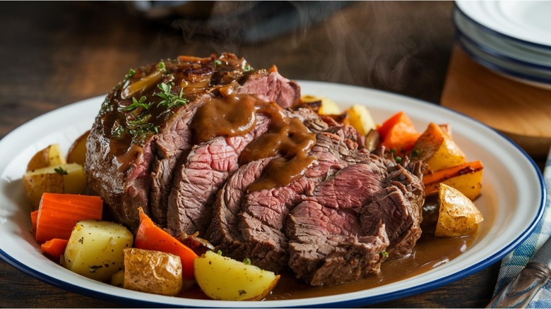 Sliced pot roast in a dish with potatoes and vegetables