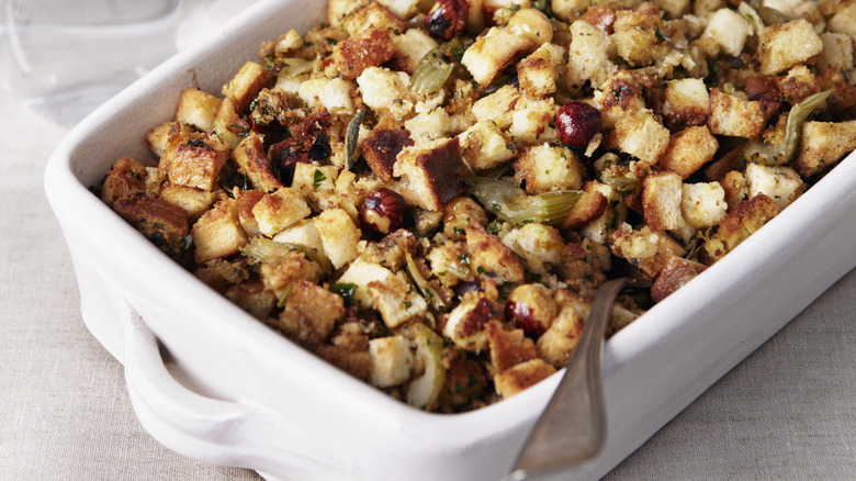 Roasted hazelnut stuffing in casserole dish