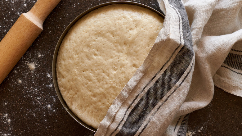 pizza dough covered by dishcloth