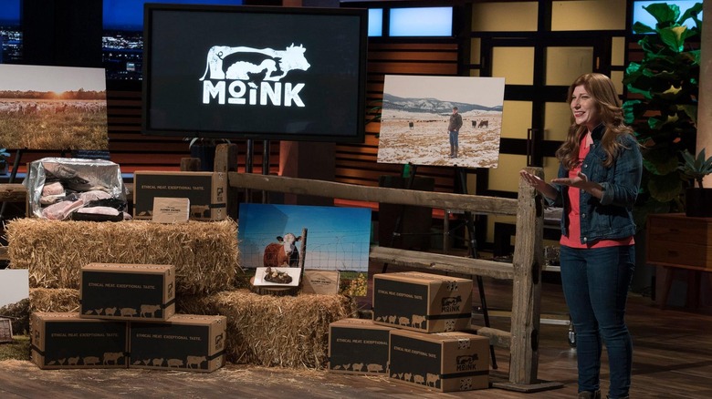Moink founder on Shark Tank by hay barrels and pictures of farms
