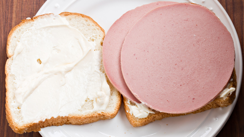 Bologna sandwich with white bread and mayo