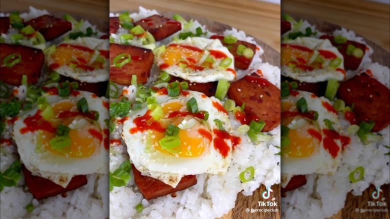 rice board with spam and fried eggs