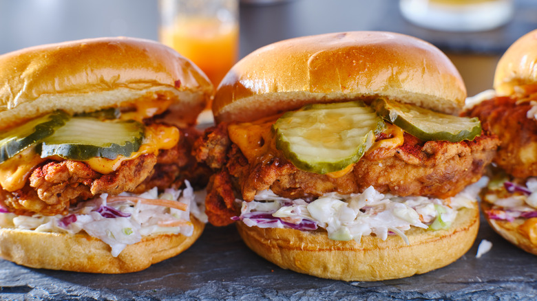 Hot chicken sandwiches with pickles