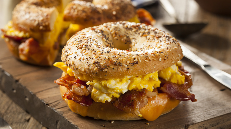 bacon egg and cheese sandwiches on an everything bagel