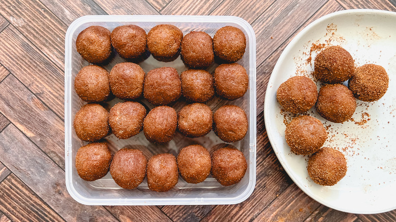 No-bake snickerdoodle cookie dough balls in storage container