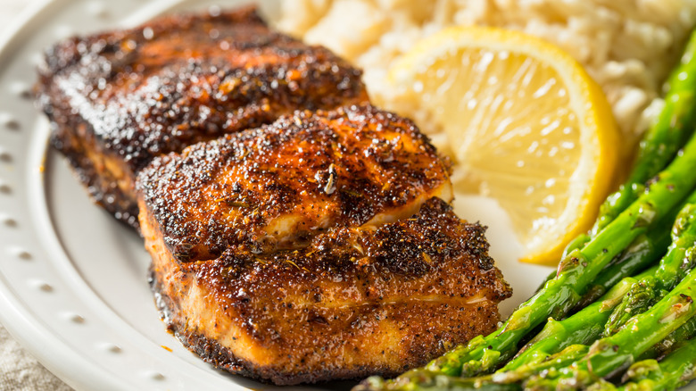 Blackened fish with asparagus