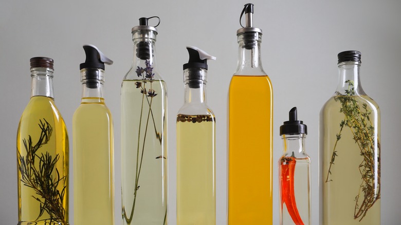 Row of olive oil bottles